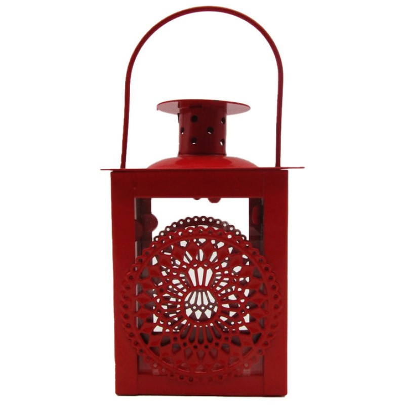 Metal Lantern With Candle Holder - Red