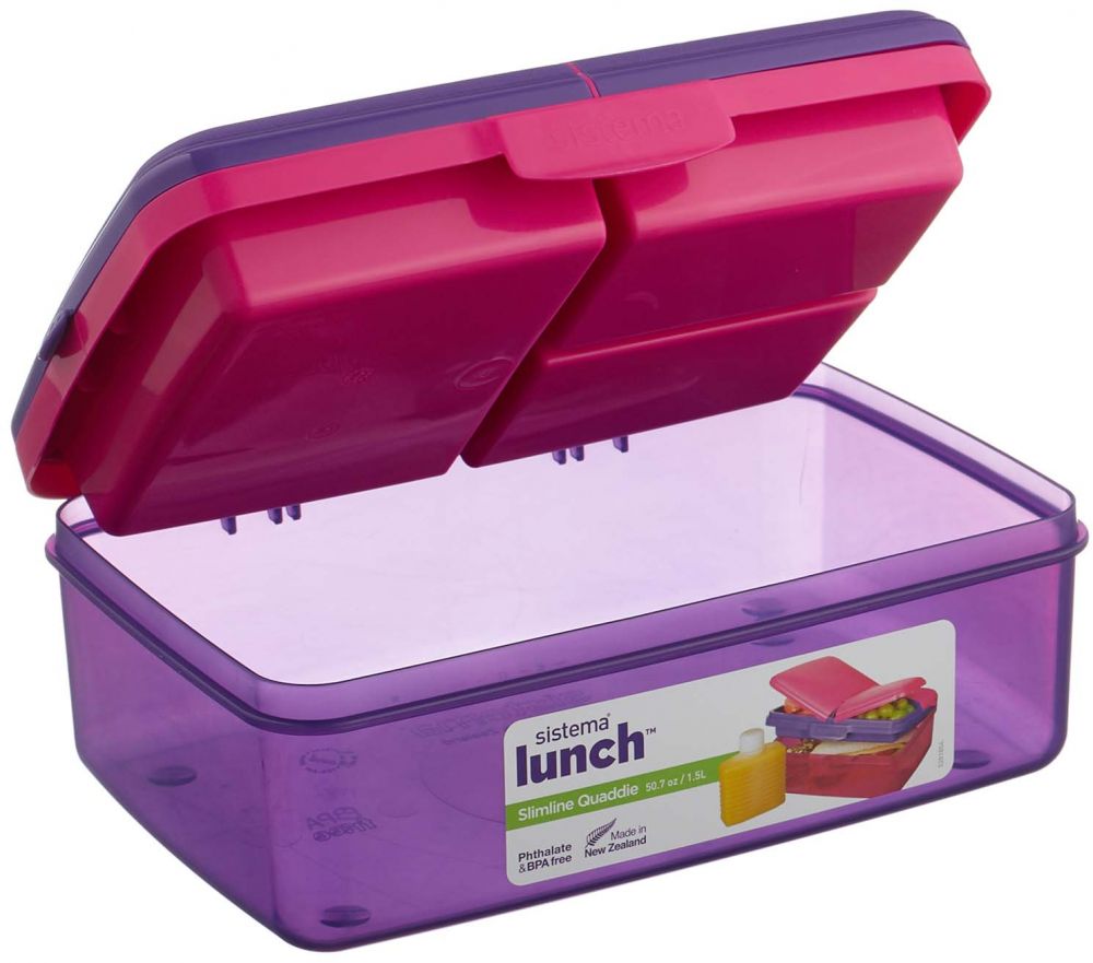 Sistema Lunch Collection Slimline Quaddie Lunch Box Food Storage Container,  50.7 Ounce/ 6.3 Cup, Assorted Colors