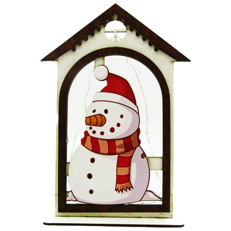 Christmas Wooden House With Light - Snowman