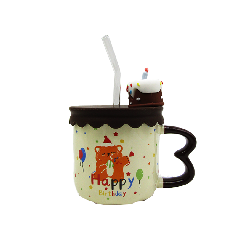 Printed Porcelain Happy Birthday Mug  with Lid and Strow - Random Color