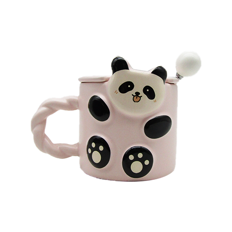 Printed Porcelain Cute Panda Mug  with Lid and Strow - Random Color