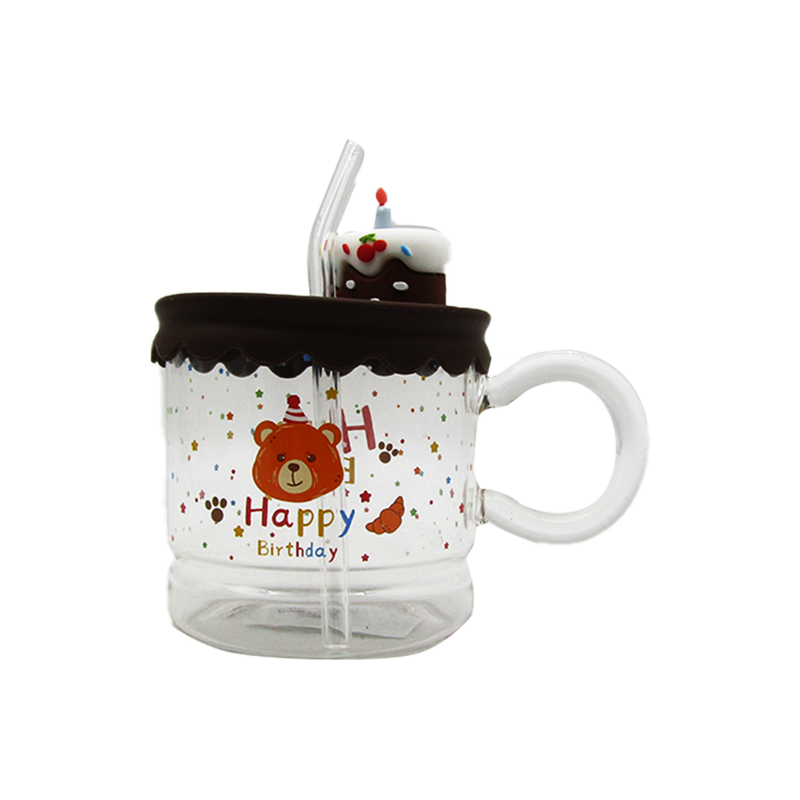 Printed Glass Happy Birthday Mug  with Lid and Strow - Random Color